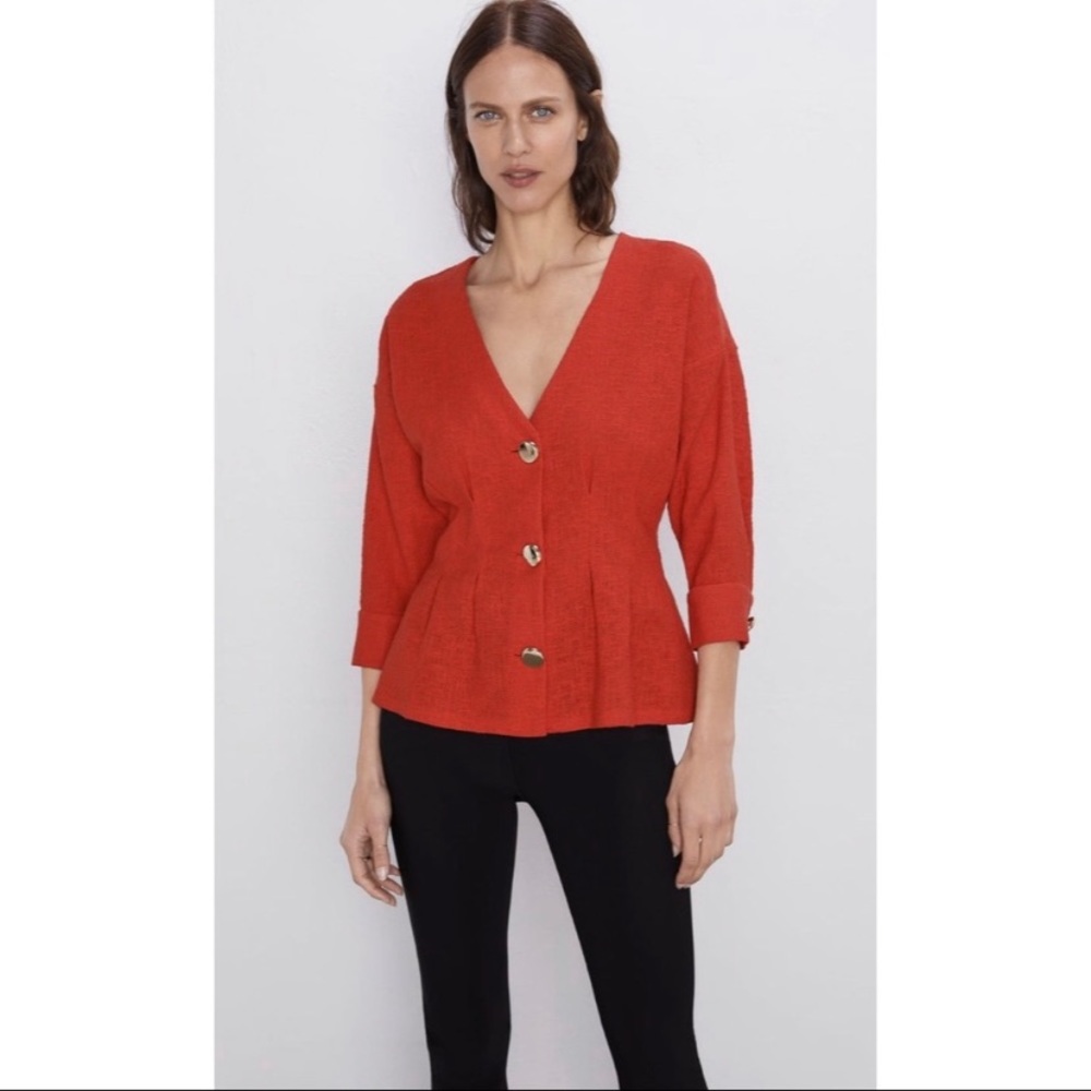 Zara red with gold botton v-neck blouse top